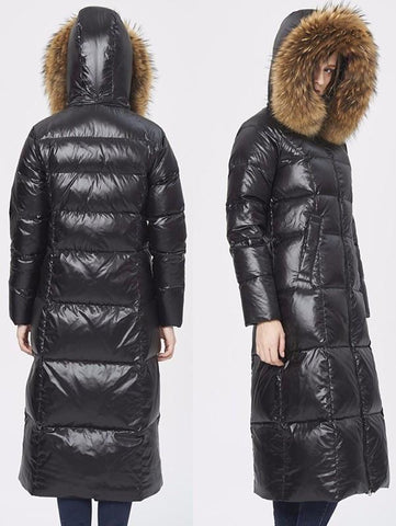 Black Glossy Fur Hooded Long Puffy Down Coat - DESIGNER INSPIRED FASHIONS