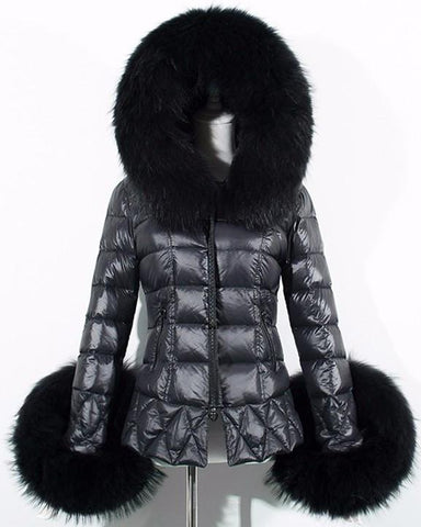 Black Faux-Fur Trim Down Jacket - DESIGNER INSPIRED FASHIONS