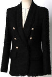 Black Double Breasted Fringed Tweed Blazer