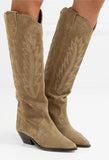 'Denzy' Embroidered Suede Knee Boots, Tan