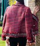 Fringed Tweed Knit Jacket in Red or Grey - DESIGNER INSPIRED FASHIONS