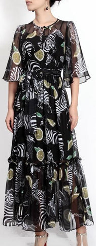 Orange & Zebra Print Chiffon Dress, Black
