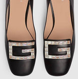 Leather Mid-Heel Pumps with Crystal G - White or Black