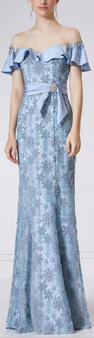 Off-the-Shoulder Illusion Ruffle Floral Lace Gown