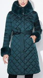 Diamond Padded Fur-Trim Coat, Green