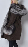 Thick Silver Fox Fur Trimmed Down Coat in Army Green or Black - DESIGNER INSPIRED FASHIONS