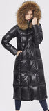 Black Glossy Fur Hooded Long Puffy Down Coat - DESIGNER INSPIRED FASHIONS
