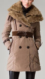 Buckled Sheep-Fur-Collar Double Breasted Down Coat in Khaki - DESIGNER INSPIRED FASHIONS