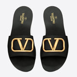 Grainy Cowhide Slide Sandal with Go Logo Detail, Black