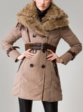 Buckled Sheep-Fur-Collar Double Breasted Down Coat in Khaki - DESIGNER INSPIRED FASHIONS