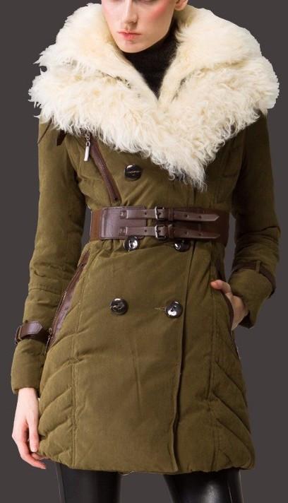 Buckled Sheep-Fur-Collar Double Breasted Down Coat in Green - DESIGNER INSPIRED FASHIONS