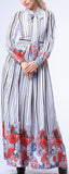 Floral & Stripe Print Neck-Tie Long Dress-White - DESIGNER INSPIRED FASHIONS