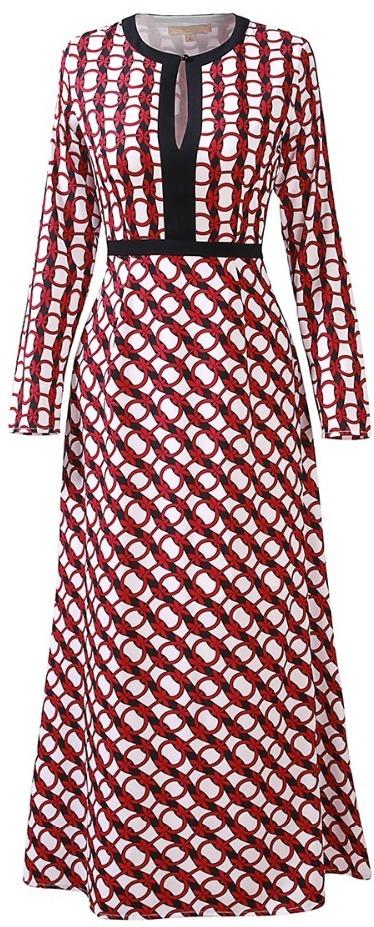 Printed Long-Sleeve Midi Dress