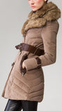 Buckled Sheep-Fur-Collar Double Breasted Down Coat in Khaki - DESIGNER INSPIRED FASHIONS