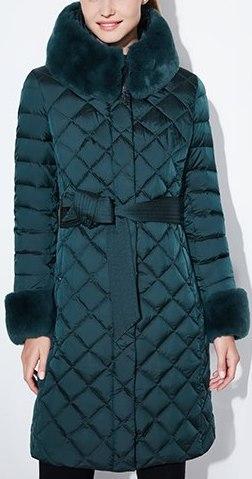 Diamond Padded Fur-Trim Coat, Green