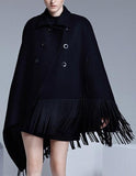 Black Fringed Double-Breasted Cape - DESIGNER INSPIRED FASHIONS
