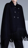 Black Fringed Double-Breasted Cape - DESIGNER INSPIRED FASHIONS
