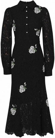 Embroidered Black Lace Midi Dress