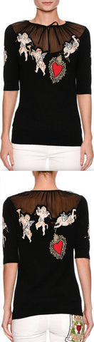 Short-Sleeve Cherub-Embroidered Top with Tulle Inset
