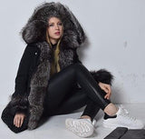 Thick Silver Fox Fur Trimmed Down Coat in Army Green or Black - DESIGNER INSPIRED FASHIONS