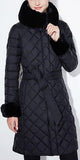 Diamond Padded Fur-Trim Coat, Black