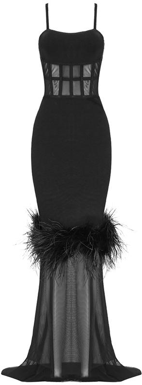 Black Feather-Trim Stretch Gown