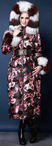 Genuine Fox Fur Floral Print Satin White Goose Down Coat - DESIGNER INSPIRED FASHIONS