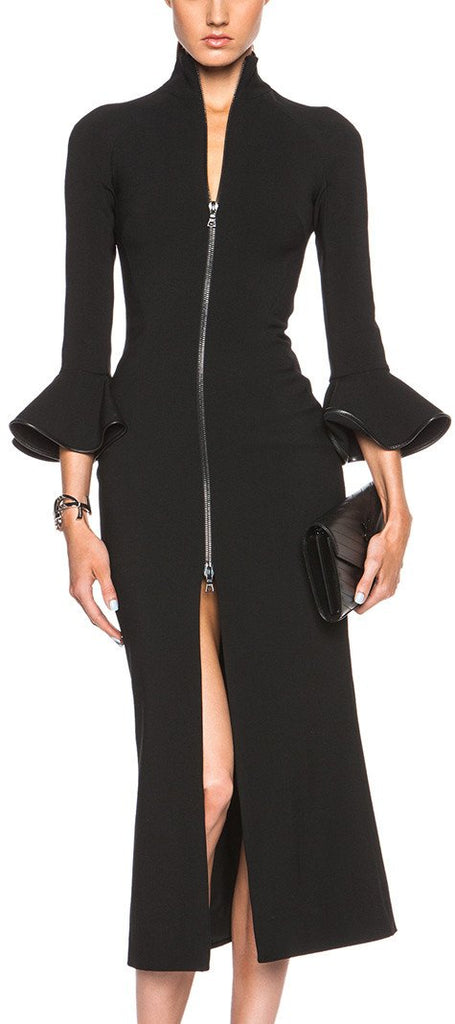 Black Bell-Sleeve Zip Midi Dress - DESIGNER INSPIRED FASHIONS