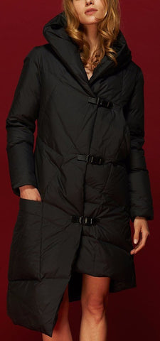 Asymmetric Buckled Hooded Puffer Down Coat in Black - DESIGNER INSPIRED FASHIONS