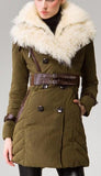 Buckled Sheep-Fur-Collar Double Breasted Down Coat in Green - DESIGNER INSPIRED FASHIONS