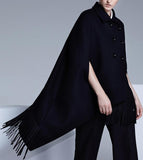 Black Fringed Double-Breasted Cape - DESIGNER INSPIRED FASHIONS