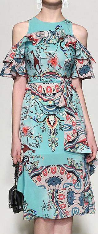 Cold-Shoulder Print Ruffle Dress