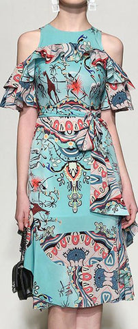 Cold-Shoulder Print Ruffle Dress
