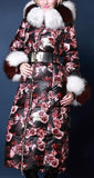 Genuine Fox Fur Floral Print Satin White Goose Down Coat - DESIGNER INSPIRED FASHIONS