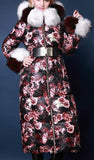 Genuine Fox Fur Floral Print Satin White Goose Down Coat - DESIGNER INSPIRED FASHIONS