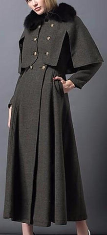 Double-Breasted Military-Style Fur-Collar Long Cape-Coat - DESIGNER INSPIRED FASHIONS