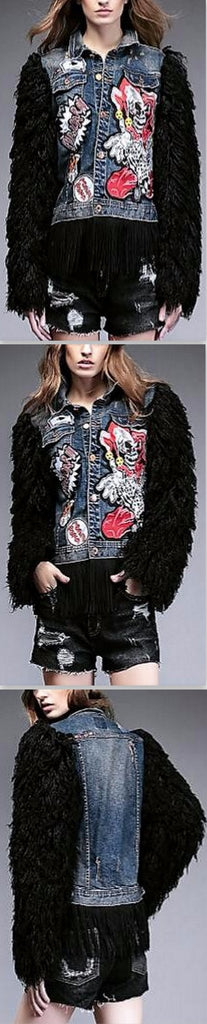 Appliques Embellished Denim Wool-Sleeved Fringe Jacket - DESIGNER INSPIRED FASHIONS
