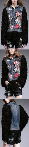 Appliques Embellished Denim Wool-Sleeved Fringe Jacket - DESIGNER INSPIRED FASHIONS
