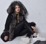 Thick Silver Fox Fur Trimmed Down Coat in Army Green or Black - DESIGNER INSPIRED FASHIONS