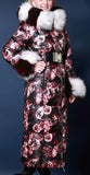 Genuine Fox Fur Floral Print Satin White Goose Down Coat - DESIGNER INSPIRED FASHIONS