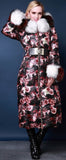 Genuine Fox Fur Floral Print Satin White Goose Down Coat - DESIGNER INSPIRED FASHIONS