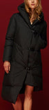 Asymmetric Buckled Hooded Puffer Down Coat in Black - DESIGNER INSPIRED FASHIONS