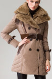 Buckled Sheep-Fur-Collar Double Breasted Down Coat in Khaki - DESIGNER INSPIRED FASHIONS
