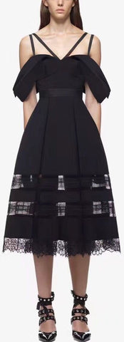 Black Drape-Shoulder Midi Dress - DESIGNER INSPIRED FASHIONS