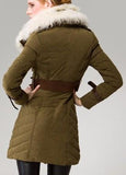 Buckled Sheep-Fur-Collar Double Breasted Down Coat in Green - DESIGNER INSPIRED FASHIONS