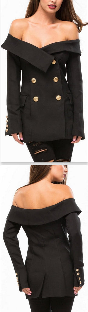 'All that Admiration' Off-Shoulder Blazer in Black - DESIGNER INSPIRED FASHIONS