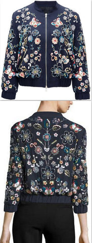 'Butterfly Garden' Floral Embellished Bomber Jacket in Blue - DESIGNER INSPIRED FASHIONS