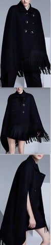 Black Fringed Double-Breasted Cape - DESIGNER INSPIRED FASHIONS