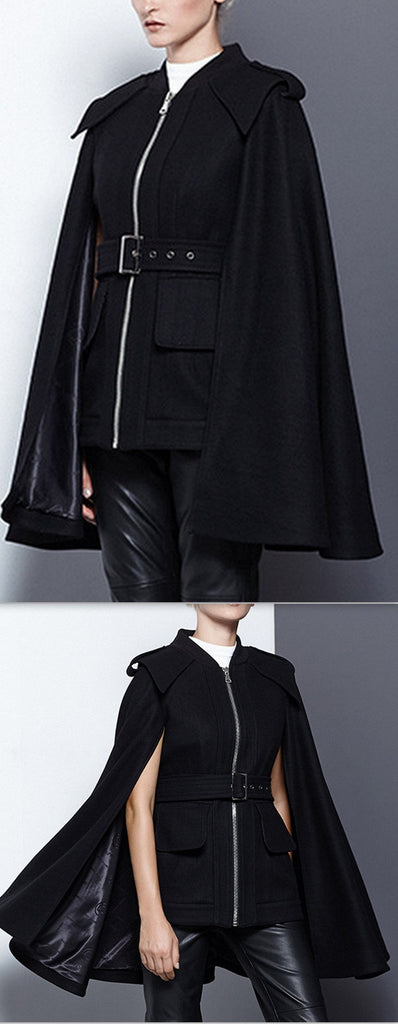 Black Wool Cape Zipped Jacket - DESIGNER INSPIRED FASHIONS