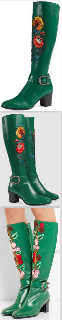Embroidered Leather Boots in Green - DESIGNER INSPIRED FASHIONS
